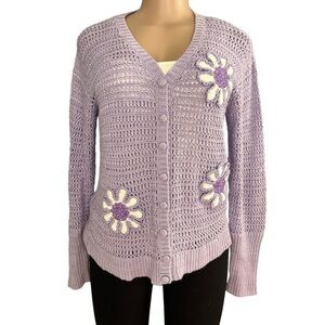 Jamie S Casuals Vintage Lavender Purple Open Knit Embroidered Cardigan